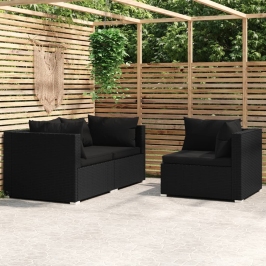 Set de muebles de jardín 3 pzas y cojines ratán sintético negro