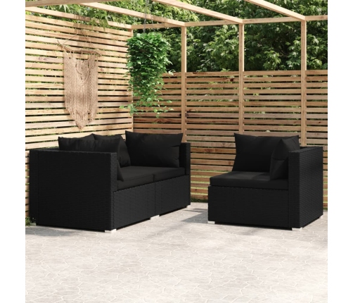 Set de muebles de jardín 3 pzas y cojines ratán sintético negro