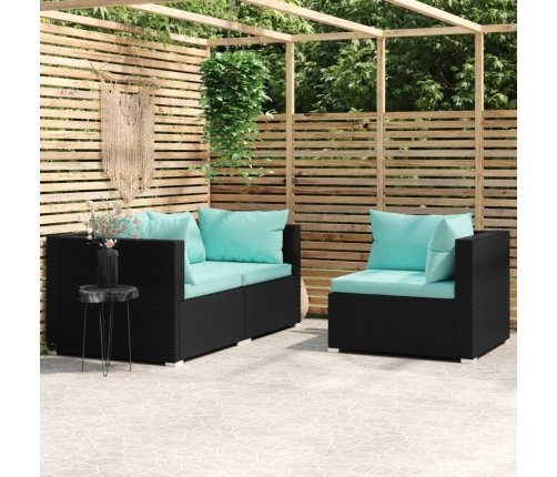 Set de muebles de jardín 3 pzas y cojines ratán sintético negro