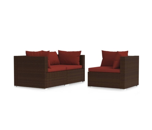 Set muebles de jardín 3 piezas y cojines ratán sintético marrón