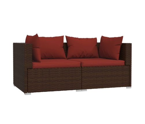 Set muebles de jardín 3 piezas y cojines ratán sintético marrón