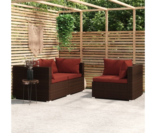 Set muebles de jardín 3 piezas y cojines ratán sintético marrón