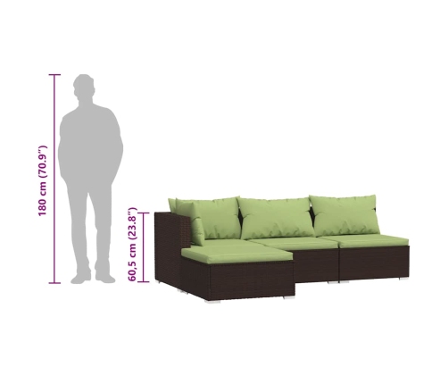 Set muebles de jardín 4 piezas y cojines ratán sintético marrón