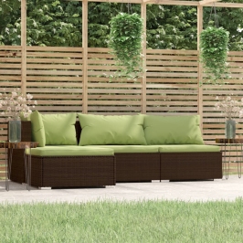 Set muebles de jardín 4 piezas y cojines ratán sintético marrón