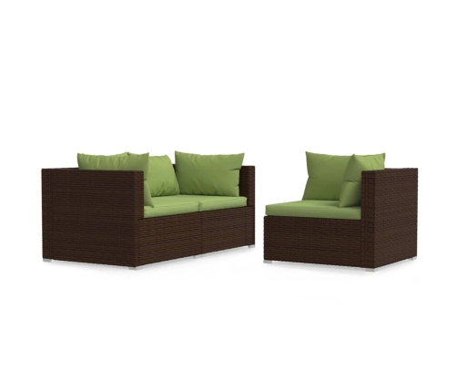 Set muebles de jardín 3 piezas y cojines ratán sintético marrón