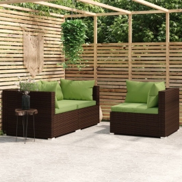 Set muebles de jardín 3 piezas y cojines ratán sintético marrón