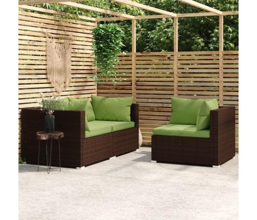 Set muebles de jardín 3 piezas y cojines ratán sintético marrón