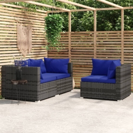 Set de muebles de jardín 3 pzas y cojines ratán sintético gris