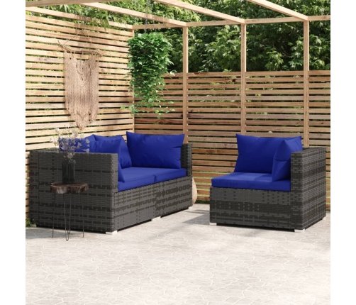 Set de muebles de jardín 3 pzas y cojines ratán sintético gris