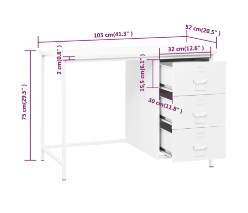 Escritorio industrial con cajones acero blanco 105x52x75 cm