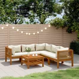 Muebles de jardín 6 pzas cojines crema madera maciza de acacia