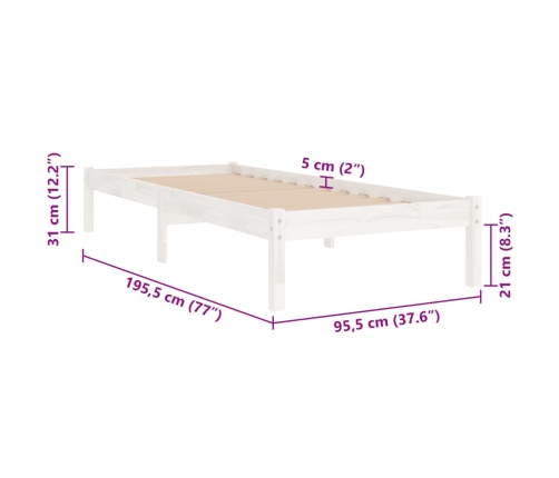 Estructura de cama individual sin colchón madera maciza blanco