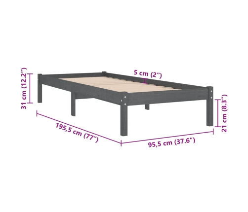 Estructura de cama individual madera maciza gris 90x190 cm