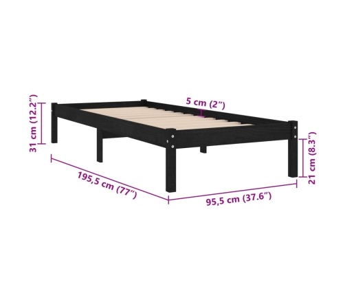 Estructura de cama individual sin colchón madera maciza negro