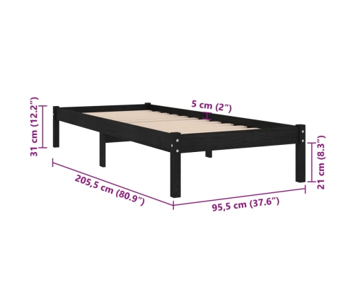 Estructura de cama de madera maciza de pino negra 90x200 cm