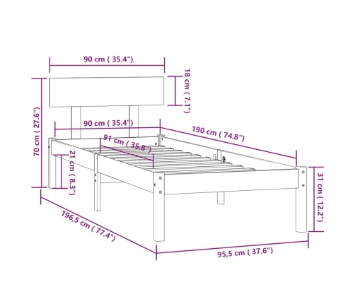 Estructura de cama madera maciza pino individual gris 90x190cm