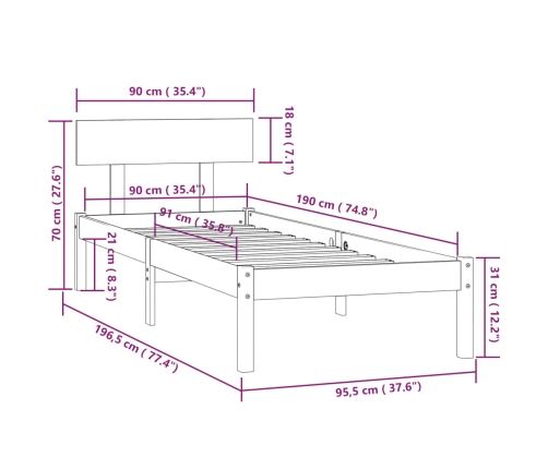 Estructura de cama madera pino individual marrón miel 90x190 cm