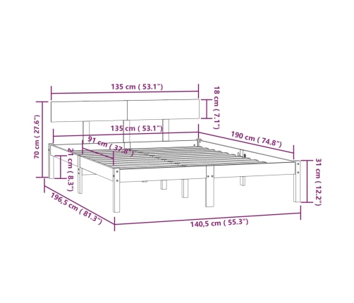 Estructura de cama doble sin colchón madera maciza pino blanco