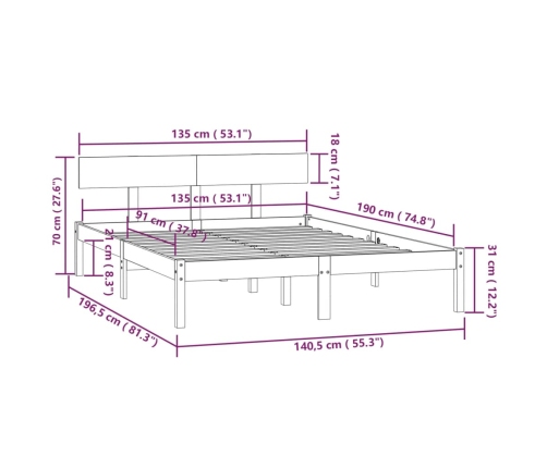 Estructura de cama madera de pino doble marrón miel 135x190 cm