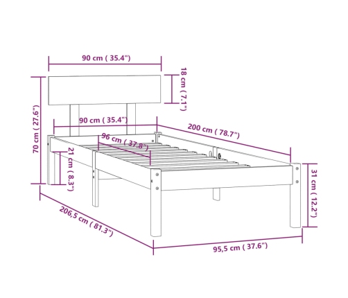 Estructura de cama sin colchón madera maciza 90x200 cm