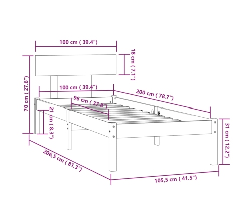 Estructura de cama sin colchón madera maciza 100x200 cm