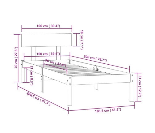 Estructura de cama de madera maciza de pino gris 100x200 cm