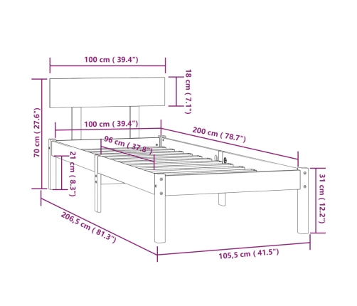 Estructura de cama sin colchón madera maciza negro 100x200 cm