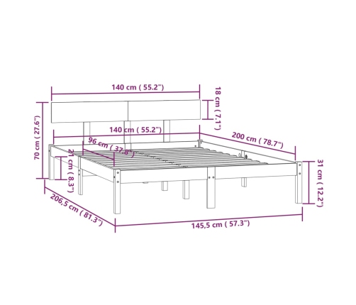 vidaXL Estructura de cama madera maciza de pino gris 140x200 cm