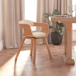 Silla de comedor de cuero sintético y madera curvada crema