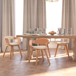 Sillas de comedor 4 uds madera curvada y cuero sintético crema