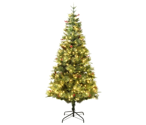 Árbol de Navidad con luces y piñas PVC PE verde 195 cm