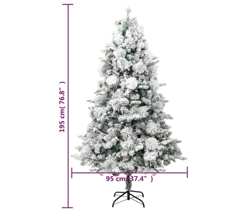 Árbol de Navidad con nieve, luces LED y piñas PVC y PE 195 cm