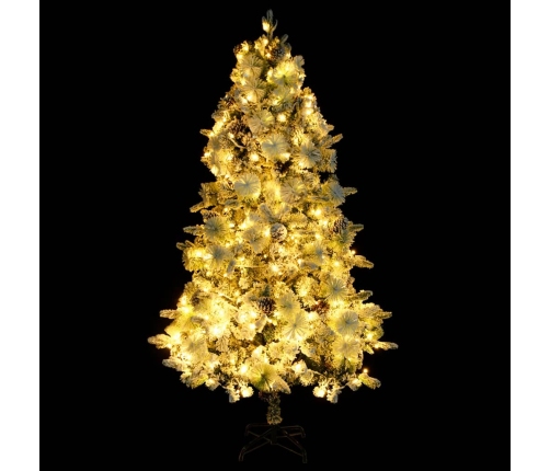 Árbol de Navidad con nieve, luces LED y piñas PVC y PE 195 cm