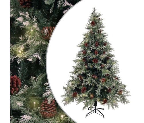 Árbol de Navidad con luces y piñas PVC PE verde y blanco 120 cm