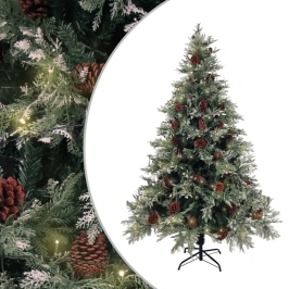 Árbol de Navidad con luces y piñas PVC PE verde y blanco 150 cm