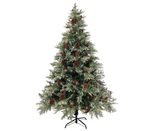 Árbol de Navidad con luces y piñas PVC PE verde y blanco 150 cm