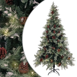 Árbol de Navidad con luces y piñas PVC PE verde y blanco 195 cm