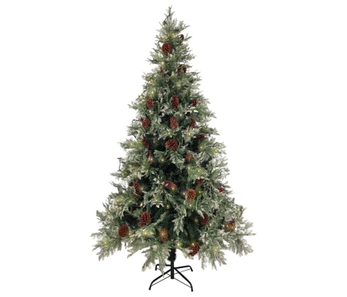 Árbol de Navidad con luces y piñas PVC PE verde y blanco 195 cm