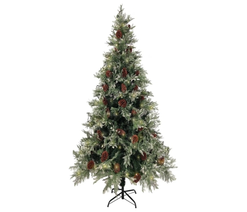 Árbol de Navidad con luces y piñas PVC PE verde y blanco 225 cm