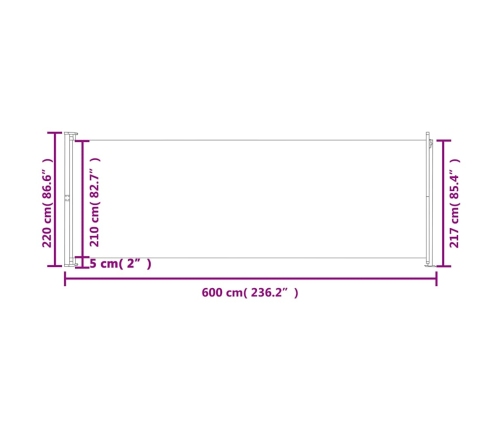 Toldo lateral retráctil para patio negro 220x600 cm