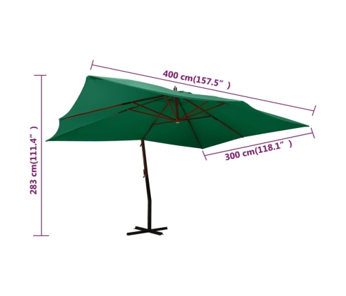 Sombrilla jardín voladiza con palo de madera verde 400x300 cm