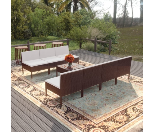Set muebles de jardín 8 pzas y cojines ratán sintético marrón
