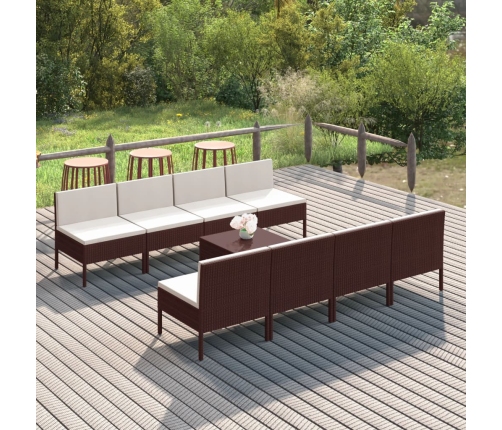 Set muebles de jardín 9 piezas y cojines ratán sintético marrón