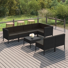 Set de muebles de jardín 8 pzas y cojines ratán sintético negro
