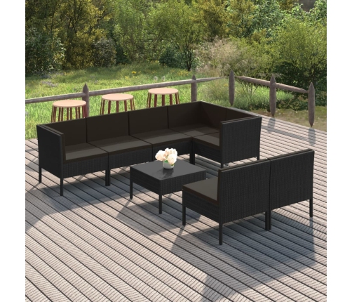 Set de muebles de jardín 8 pzas y cojines ratán sintético negro