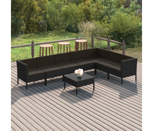 Set de muebles de jardín 8 pzas y cojines ratán sintético negro