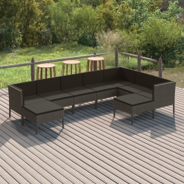 Set de muebles de jardín 9 pzas y cojines ratán sintético gris