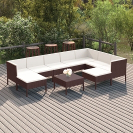 Set muebles de jardín 10 pzas y cojines ratán sintético marrón