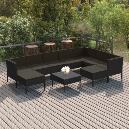 Set de muebles de jardín 10 pzas cojines ratán sintético negro