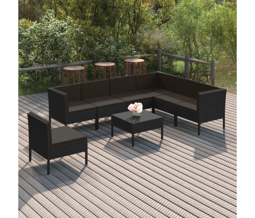 Set de muebles de jardín 8 pzas y cojines ratán sintético negro